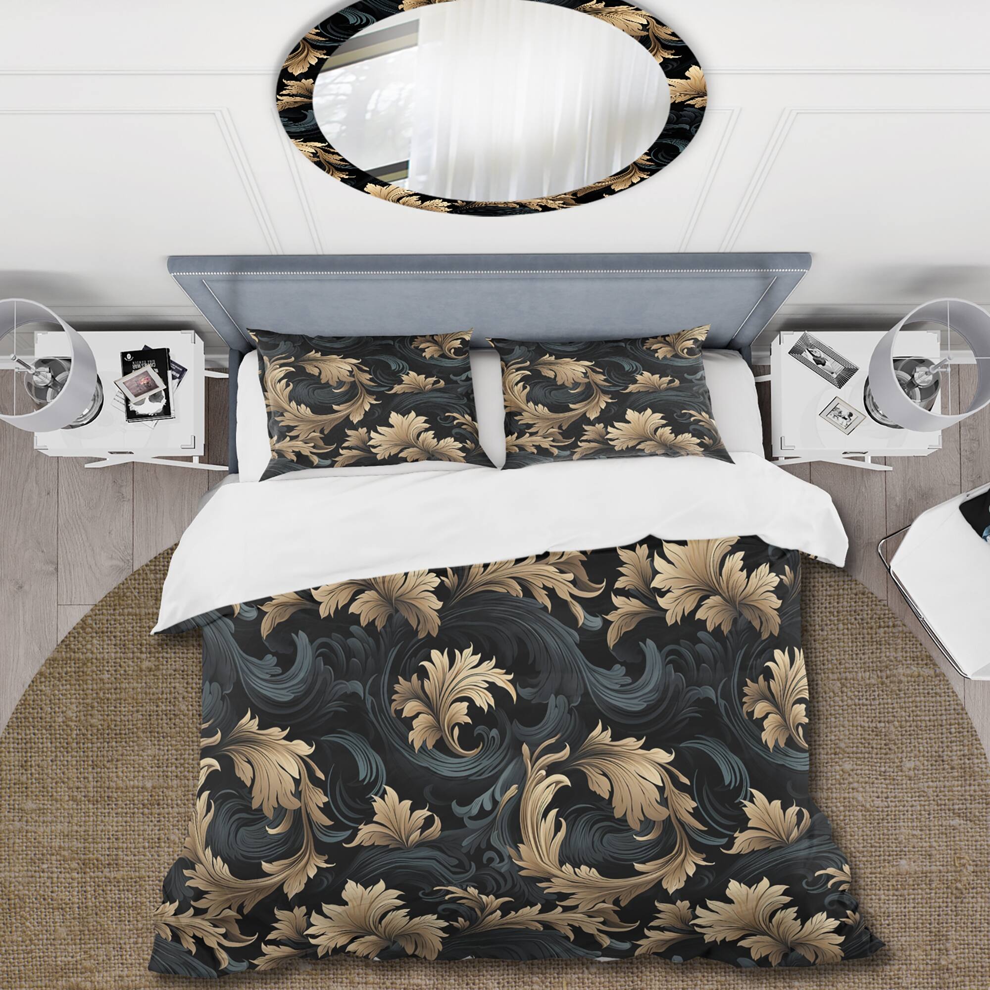 Designart "Black And Gold Damask Flower Blossoms III" Gold Damask